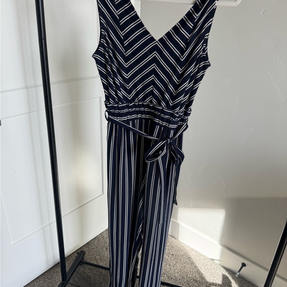 Monteau Chevron Striped Jumpsuit in Navy and White